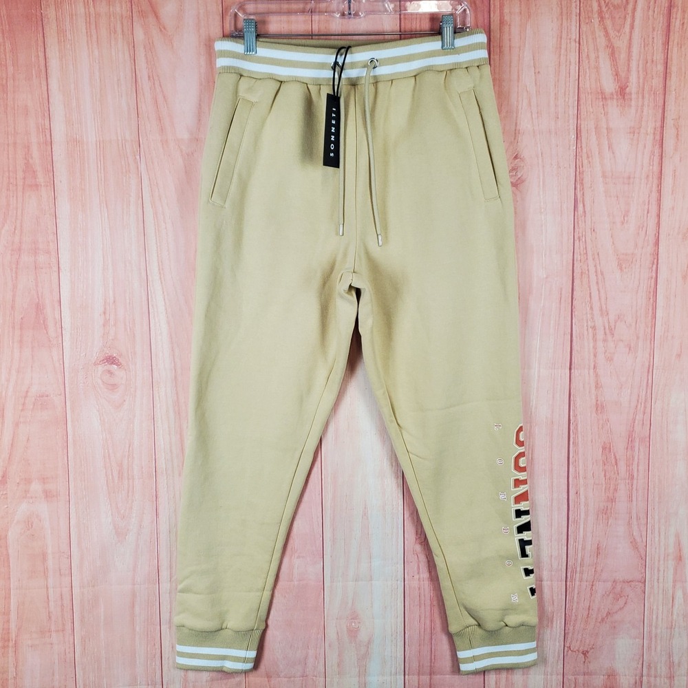 Sonneti London Varsity Jogger Pants Mens Medium Tan Graphic Tapered Leg Running